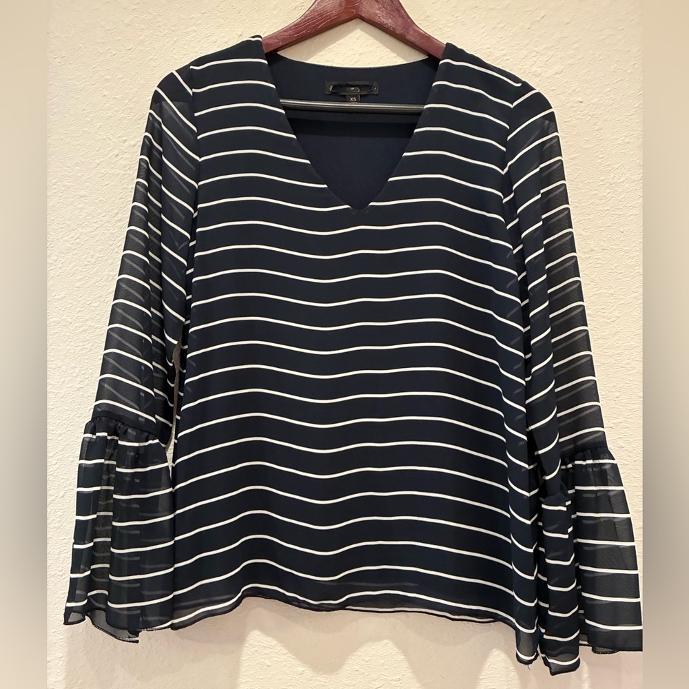 Banana Republic Navy and White Striped Women's Top Long sleeve V neck